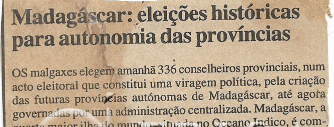 Madagáscar: eleições históricas para autonomia das províncias – 2 de Dezembro de 2000