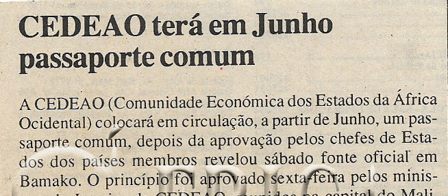 CEDEAO terá em Junho passaporte comum – 15 de Maio de 2000                                         