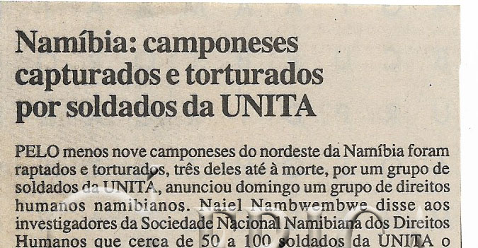 Namíbia: Camponeses capturados e torturados por soldados da UNITA – 03 de Janeiro de 2001