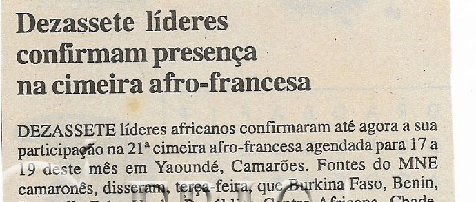 Dezassete líderes confirmam presença na cimeira afro- francesa – 04 de Janeiro de 2001