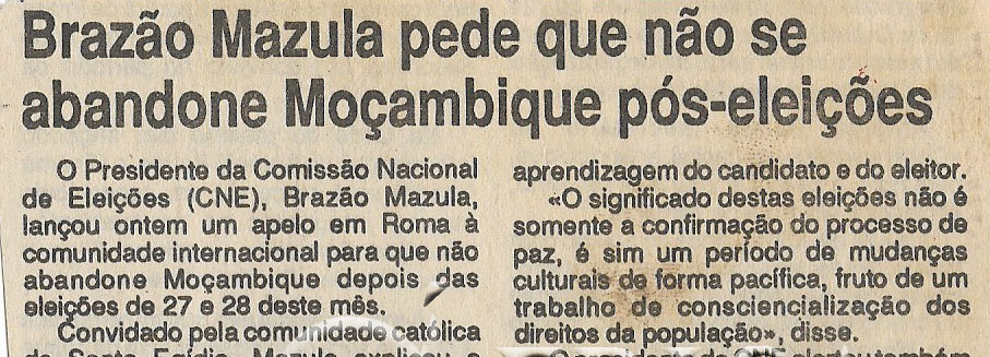 Brazão Mazula pede que não se abandone Moçambique pós-eleições – 19 de Outubro de 1994