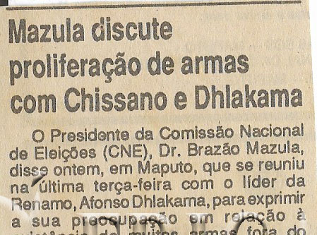 Mazula discute proliferação de armas com Chissano e Dhlakama – 08 de Dezembro de 1994