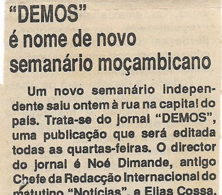 “DEMOS” é nome de novo semanário moçambicano – 19 de Outubro de 1994