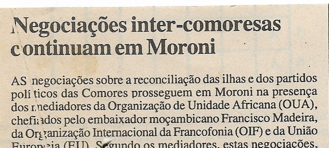 Negociações inter- comoresas continuam em Moroni – 14 de Fevereiro de 2001