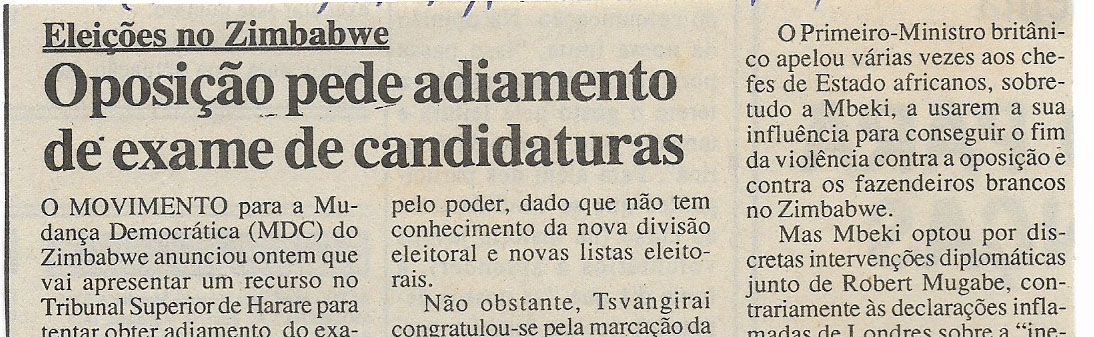 Eleições no Zimbabwe – Oposição pede adiamento de exame de candidaturas – 19 de Maio de 2000