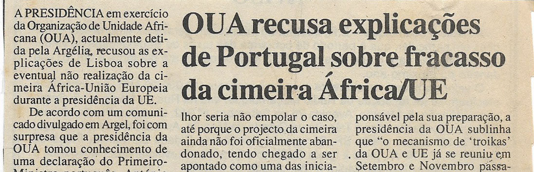 Organização de Unidade Africana (OUA) recusa explicações de Portugal sobre fracasso da cimeira África/EU – 4 de Janeiro de 2000