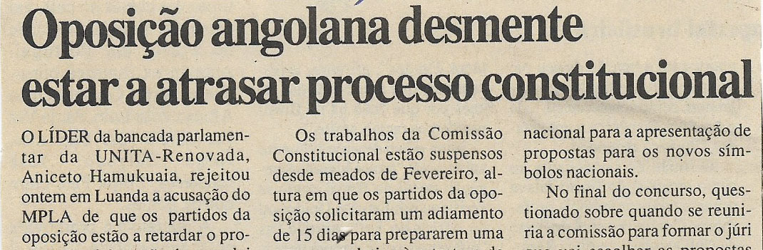 Oposição angolana desmente estar a atrasar processo constitucional – 31 de Março de 2000