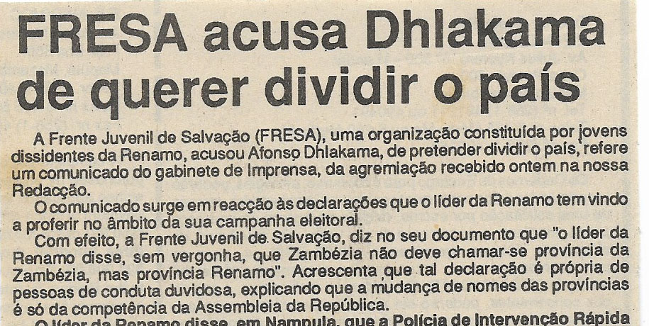 Frente Juvenil de Salvação (FRESA) acusa Dhlakama de querer dividir o país – 19 de Outubro de 1994