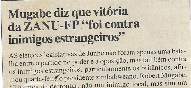 Mugabe diz que Vitória da ZANU-FP “foi contra inimigos estrangeiros” – 08 de Julho de 2000