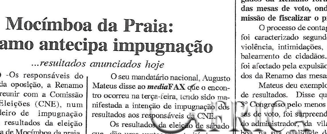 Mocímboa da Praia: Renamo antecipa impugnação – 26 de Maio de 2005