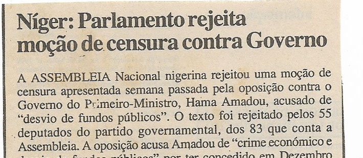 Níger: Parlamento rejeita moção de censura contra Governo – 23 de Janeiro de 2001