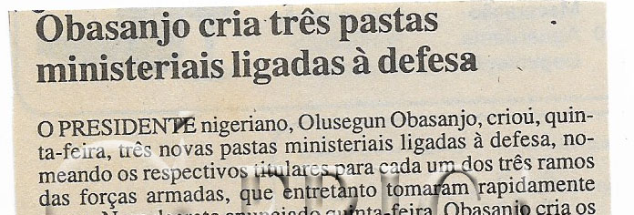 Obasanjo cria três pastas ministeriais ligadas à defesa – 25 de Fevereiro de 2001