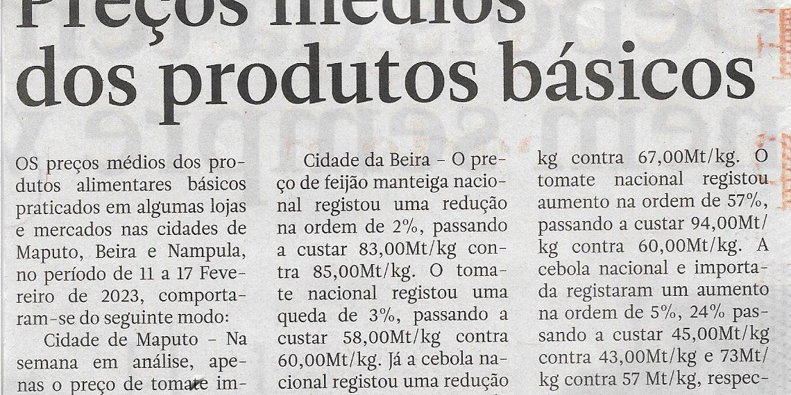 Preços médios dos produtos básicos – 18 de Fevereiro de 2023