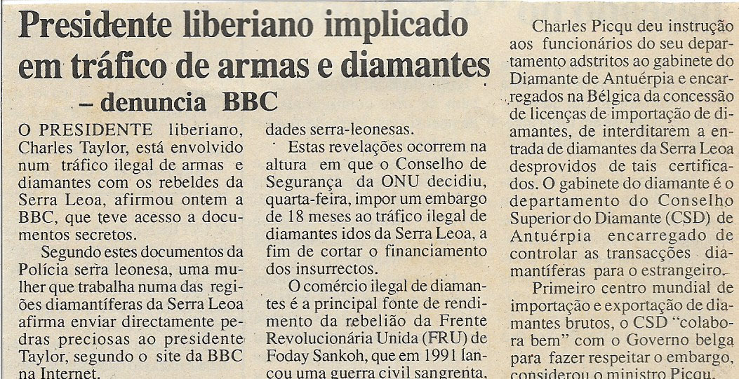 Presidente liberiano implicado em tráfico de armas e diamantes: denuncia BBC – 08 de Julho de 2000