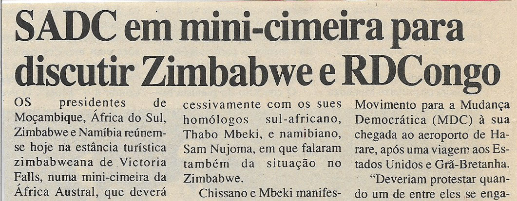 SADC em mini-cimeira para discutir Zimbabwe e RD Congo – 21 de Abril de 2000