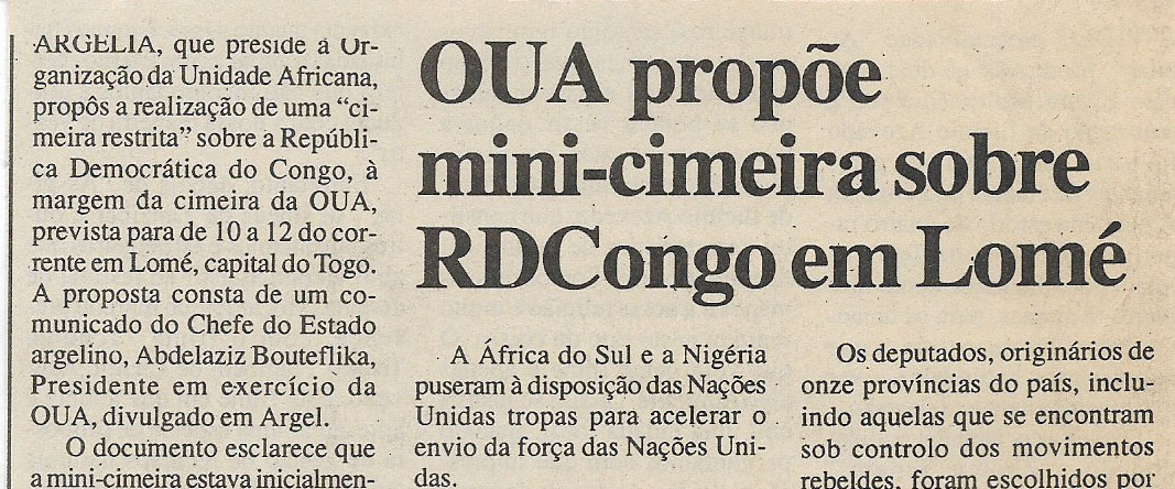 OUA propõe mini-cimeira sobre RDCongo em Lomé – 14 de Julho de 2000