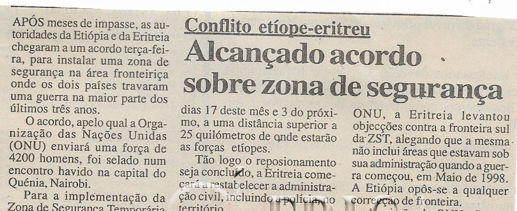 Conflito etíope- eritreu: Alcançado acordo sobre zona de segurança – 08 de Fevereiro de 2001