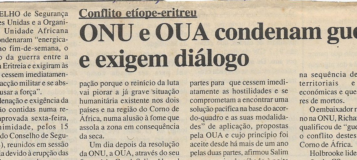 Conflito etíope-eritreu: ONU e OUA condenam guerra e exigem diálogo – 15 de Maio de 2000