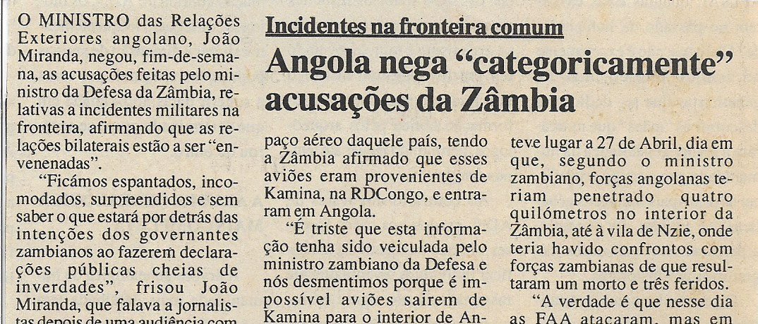 Incidentes na fronteira comum: Angola nega “categoricamente” acusações da Zâmbia – 15 de Maio de 2000
