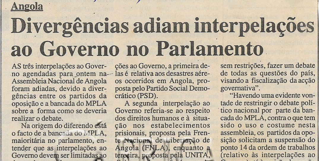 Angola: Divergências adiam interpelações ao Governo no Parlamento – 24 de Janeiro de 2001