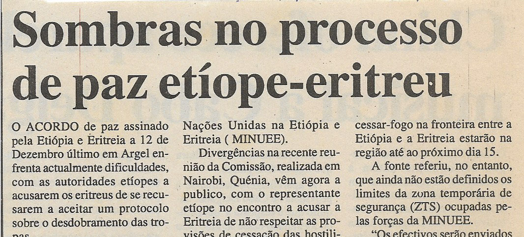Sombras no processo de paz etíope-eritreu – 04 de Janeiro de 2001