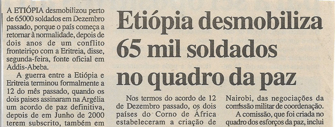 Etiópia desmobiliza 65 mil soldados no quadro da paz – 03 de Janeiro de 2001