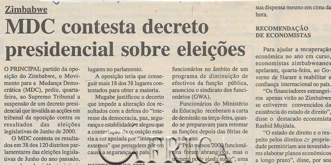 Zimbabwe: MDC contesta decreto presidencial sobre eleições – 05 de Janeiro de 2001