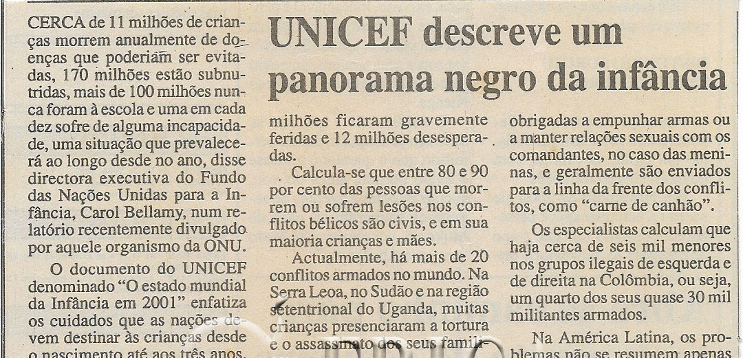 UNICEF descreve um panorama negro da infância – 04 de Janeiro de 2001