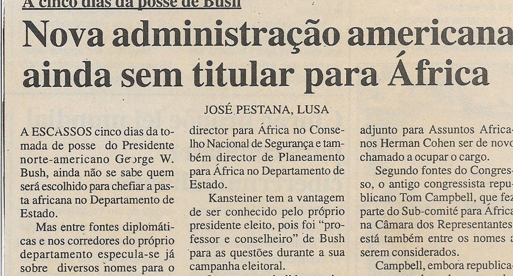 A cinco dias da posse de Bush: Nova administração americana ainda sem titular para África – 15 de Janeiro de 2001