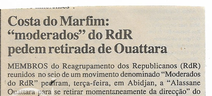Costa do Marfim ˝moderados̏ do RdR pedem retirada de Ouattara – 15 de Fevereiro de 2001