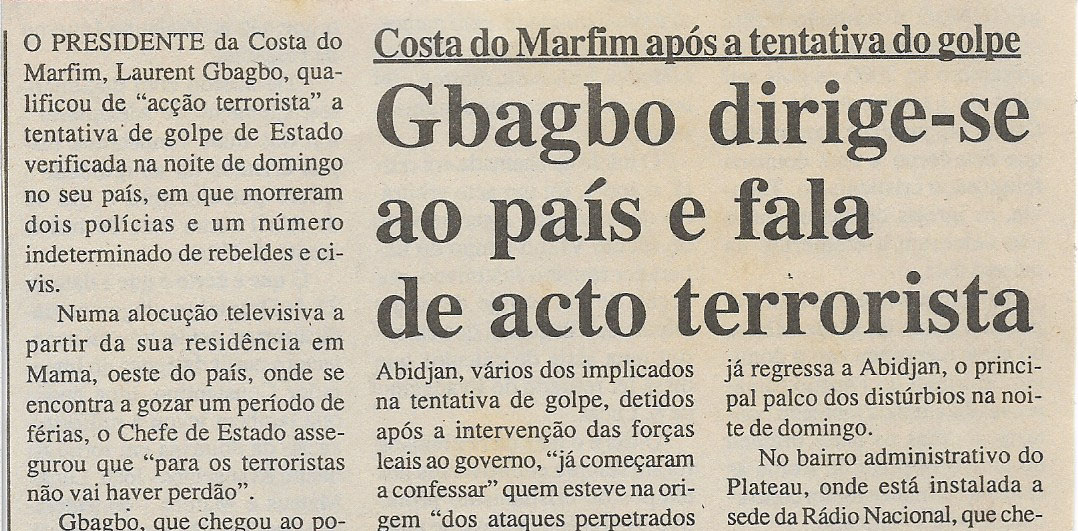 Costa do Marfim após a tentativa do golpe: Gbagbo dirige-se ao país e fala de acto terrorista – 10 de Janeiro de 2001