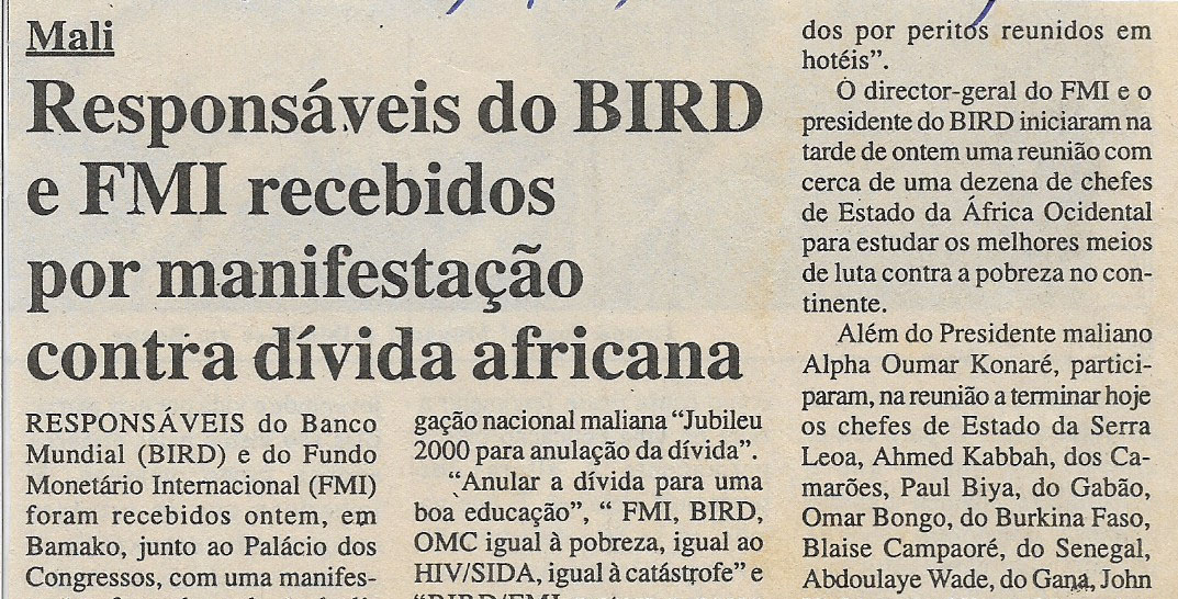 Mali: Responsáveis do BIRD e FMI recebidos por manifestação contra dívida africana – 20 de Fevereiro de 2001