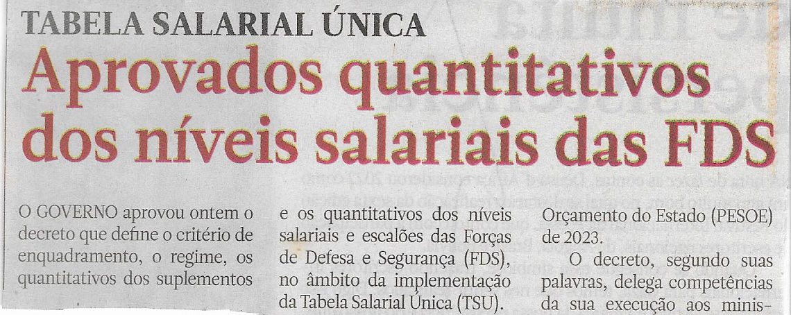 Tabela Salarial Única: Aprovados quantitativos dos níveis salariais das FDS – 25 de Janeiro de 2023
