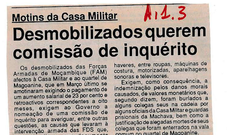 Motins da Casa Militar: Desmobilizados querem comissão de inquérito – 28 de Julho de 1993