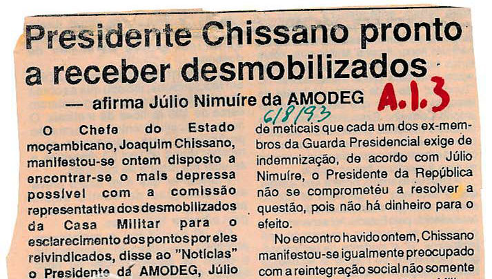 Presidente Chissano pronto a receber desmobilizados: afirma Júlio Nimuíre da AMODEG – 06 de Agosto de 1993