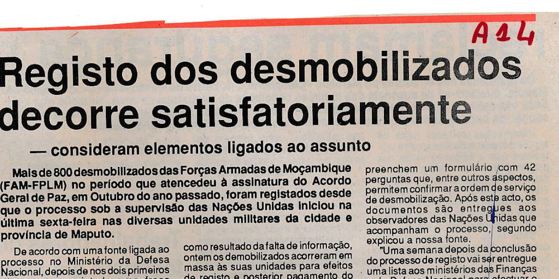Registo dos desmobilizados decorre satisfatoriamente – consideram elementos ligados ao assunto – 20 de Abril de 1993