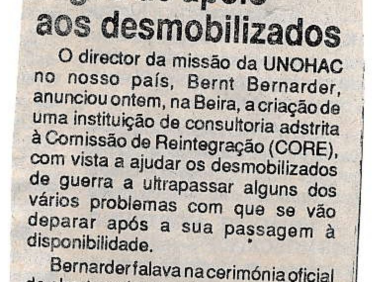 Vai ser criado órgão de apoio aos desmobilizados – 09 de Novembro de 1993
