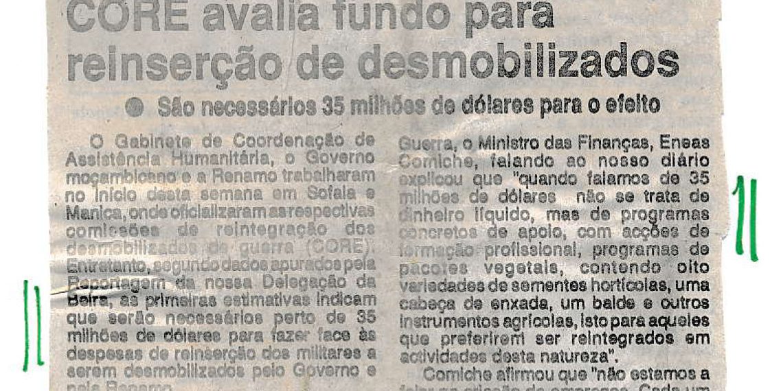 Comissão de Reintegração (CORE) avalia fundo para reinserção de desmobilizados: São necessários 35 milhões de dólares para o efeito – 12 de Novembro de 1993