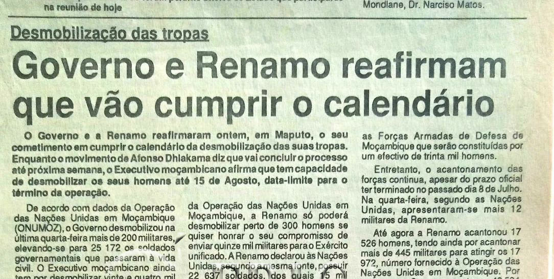 Desmobilização das tropas: Governo e Renamo reafirmam que vão cumprir o calendário – 22 de Julho de 19994