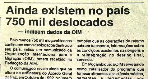 Ainda existem no país 750 mil deslocados – indicam dados da Organização Internacional para a Migração (OIM) – 27 de Julho de 1994