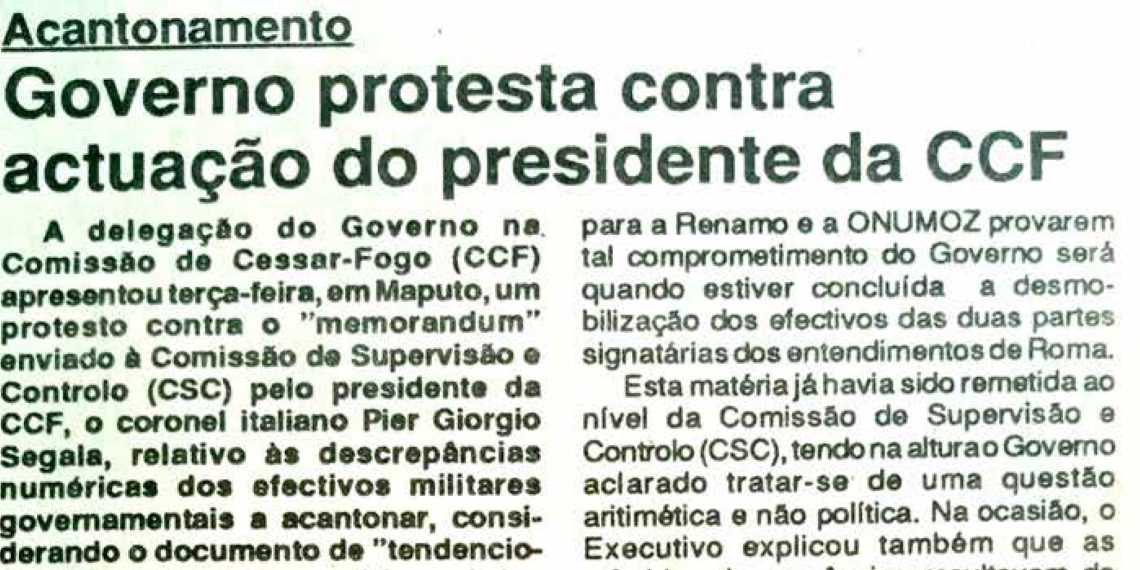 Acantonamento: Governo protesta contra actuação do presidente da Comissão de Cessar-Fogo – 02 de Junho de 1994