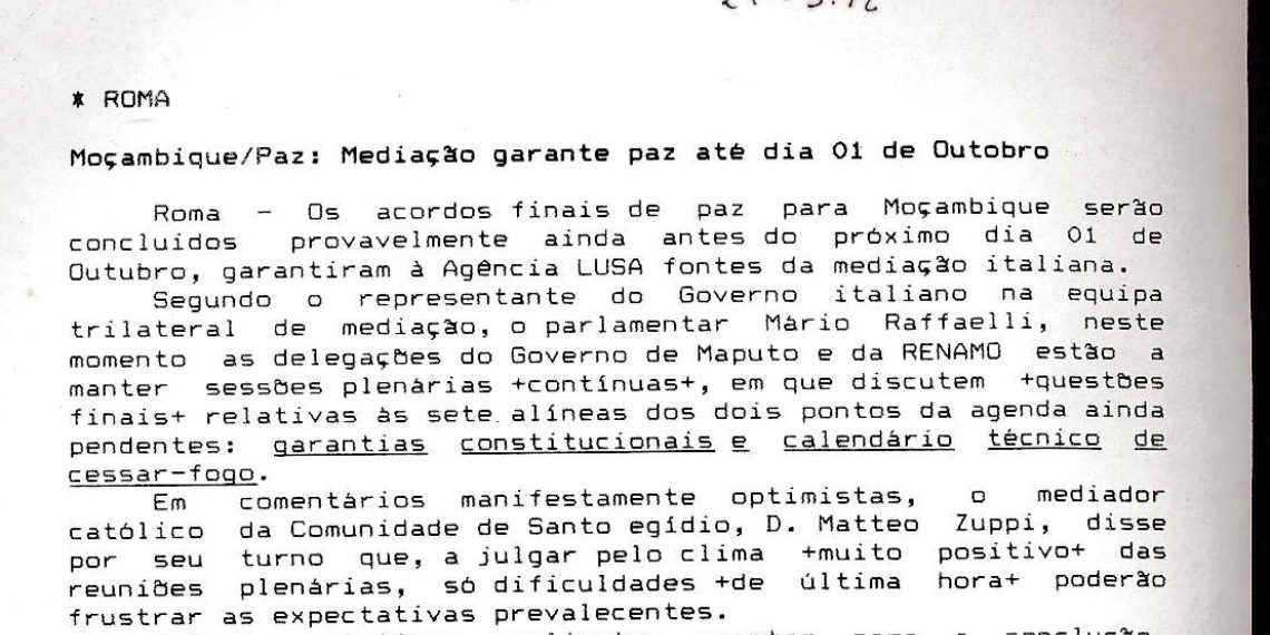 Moçambique/Paz: Mediação garante paz até dia 01 de Outubro – 24 de Setembro de 1992