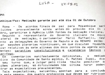 Moçambique/Paz: Mediação garante paz até dia 01 de Outubro – 24 de Setembro de 1992