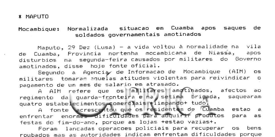 Normalizada situação em Cuamba após saque de soldados governamentais amotinados – 30 de Dezembro de 1993