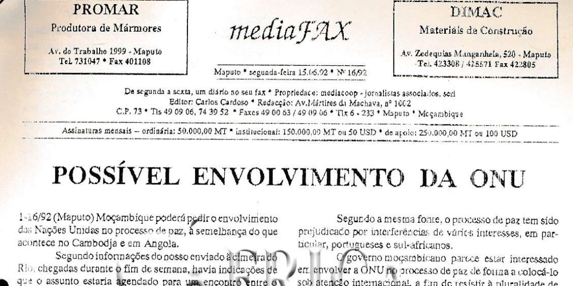Possível envolvimento da ONU (no processo de paz) – 15 de Junho de 1992