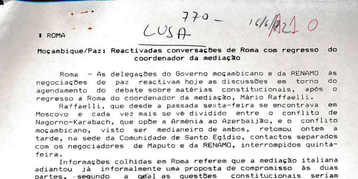 Moçambique/Paz: Reactivadas conversações de Roma com regresso do coordenador da mediação – 16 de Junho de 1992