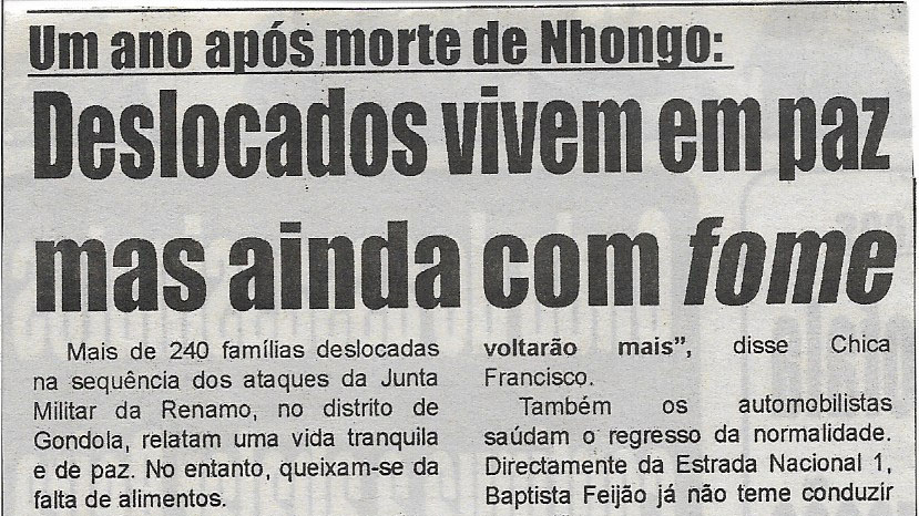 Um ano após morte de Nhongo: Deslocados vivem em paz mas ainda com fome – 22 de Outubro de 2022