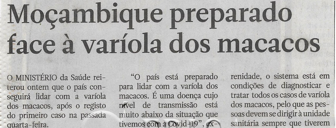 Moçambique preparado face à varíola dos macacos – 08 de Outubro de 2022