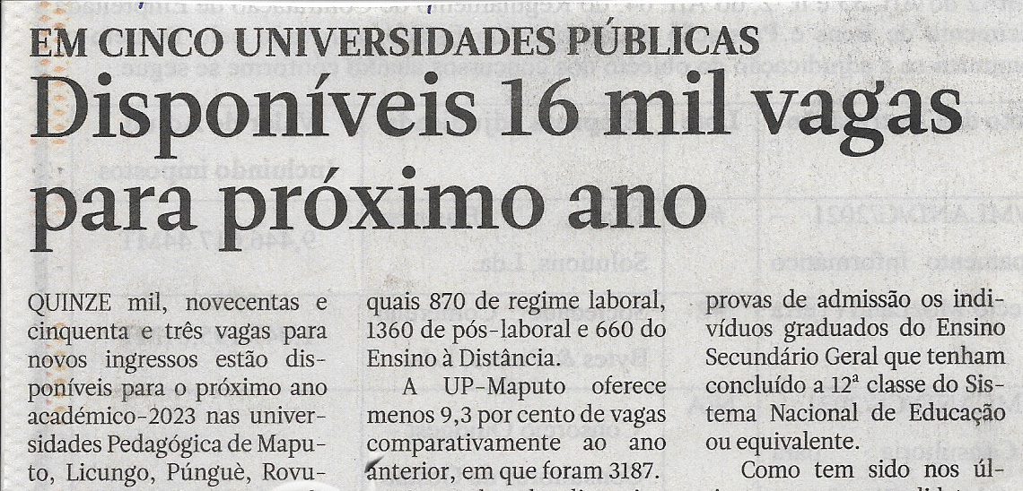 Em Cinco Universidades Públicas: Disponíveis 16 mil vagas para próximo – 10 de Outubro de 2022