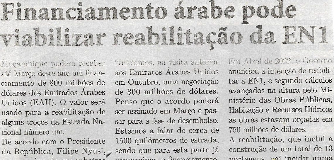 Financiamento árabe pode viabilizar reabilitação da EN1 (Estrada Nacional número 1) – 24 de Janeiro de 2023